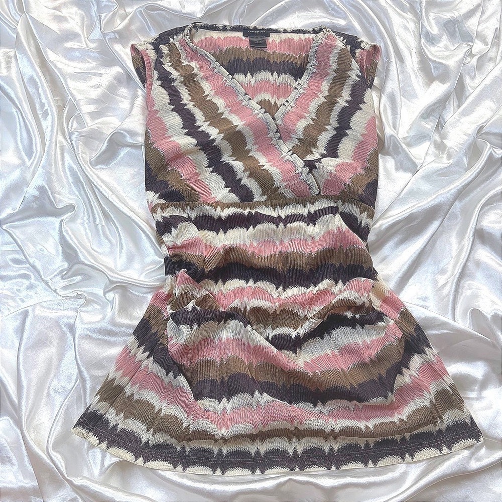 y2k Knit Top Pink Brown Excellent Ann Taylor Chevron Shimmer Ruched V-Neck M
